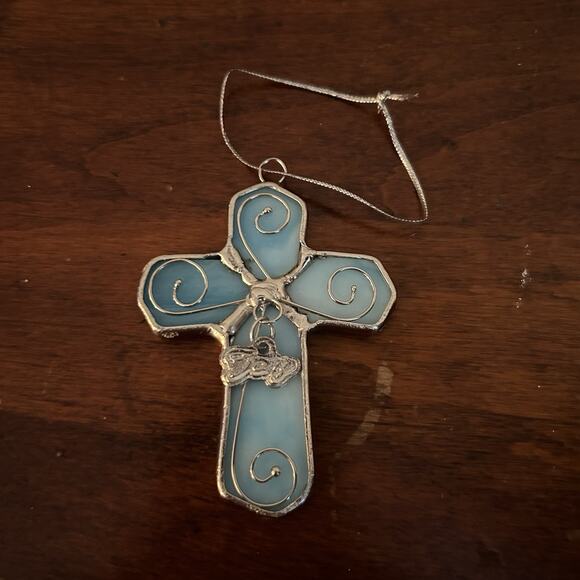 Vintage -Blue Stained Glass Cross Ornament Joy Silver Wire- 3" Tall - Picture 1 of 3